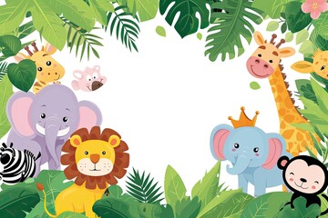 Fototapeta premium Jungle wallpaper in cute cartoon style with animals. Empty space in the middle.