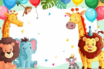 Obraz premium Jungle wallpaper in cute cartoon style with animals. Empty space in the middle.