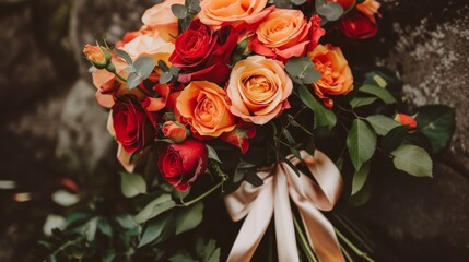 Exquisite Bouquet of Vibrant Orange and Red Roses with Satin Ribbon