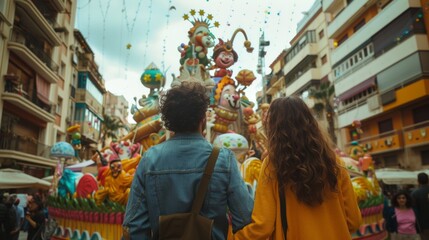 Obraz premium view from behind, a couple view the impresionant monument of las fallas festivity in Valencia