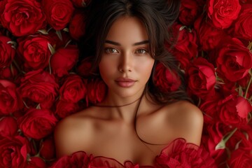 A sensual beauty with striking eyes and flowing hair, her allure deepened by the abundance of rich red roses encircling her, symbolizing celebration Valentine's Day - obrazy, fototapety, plakaty