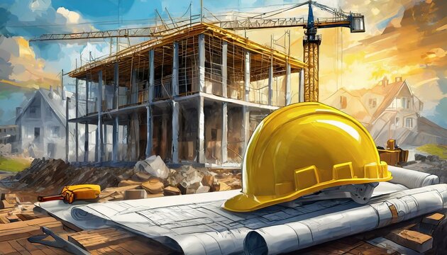 Construction house. Repair work. Drawings for building and yellow helmet on the background of a construction site.