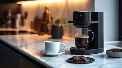 Obraz premium Kitchen Serenity: White Table with Coffee Cup and Maker