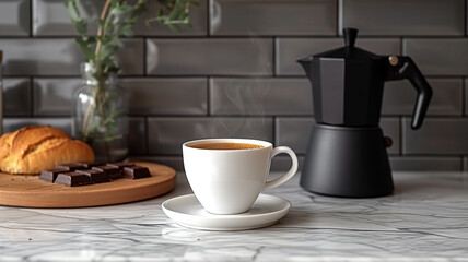 Coffee Corner Elegance: White Cup, Coffee Maker, and Green Board on Tiled Table