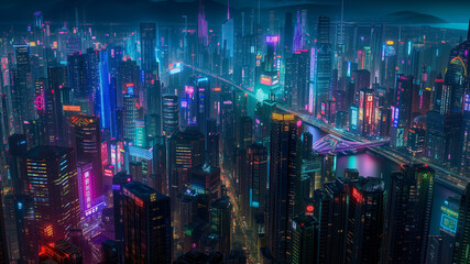Neon Horizon: A Nighttime Panorama of Bustling Metropolis