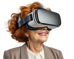 Senior woman using virtual reality headset isolated on transparent background. Future technology concept