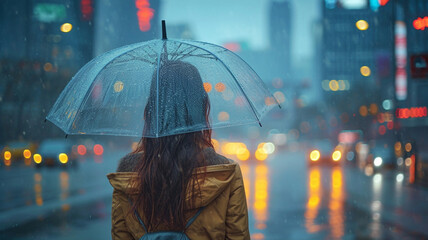 City Rain Ensemble: Girl in Raincoat with Umbrella Amidst Urban Scene