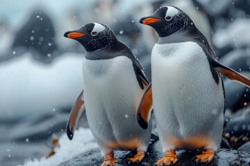 Penguins waddling along an icy shoreline, showcasing the charm and resilience of these arctic creatures. Concept of polar wildlife. Generative Ai.