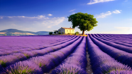 Naklejka premium Small house with cypress tree in lavender fields at sunrise near valensole, provence, france. beautiful summer landscape,, a leaf is sitting on the water with a bug on it 