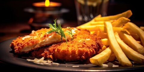 German tradition meal food schnitzel and fried potato fries and salad on plate view