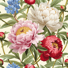 Vintage Beautiful Peonies And Wild Flowers Seamless Pattern Print Design-05 - 735430267
