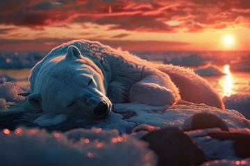 Foto op Canvas Polar bear sleeping at sunset. Climate change and global warming concept. © Simon