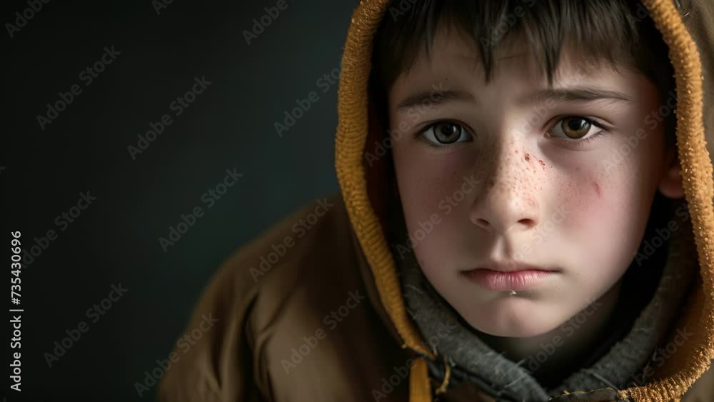Aufkleber an adolescent boy with a sad expression trying to hide the physical injuries caused by bullying with