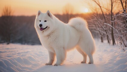 Obraz premium samoyed dog, dog at dawn, purebred dog in nature, happy dog, beautiful dog