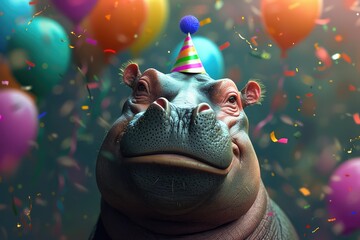 A funny hippo with a birthday hat, confetti and colorful balloons.