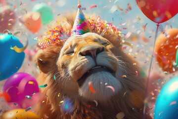 A funny lion with a party hat, confetti and colorful balloons.