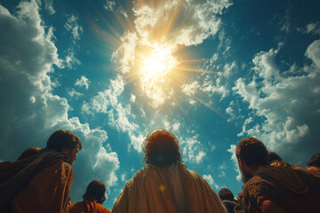 Staging of The disciples witnessing Jesus' ascension, portraying the awe and wonder of that pivotal...