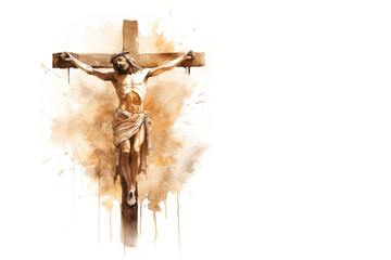 Jesus Christ Crucifixion Watercolor Illustration Isolated on White Background with Copy Space