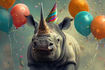 Fotobehang A funny rhino with a party hat, confetti and colorful balloons. © Simon