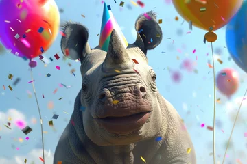 Fotobehang A funny rhino with a party hat, confetti and colorful balloons. © Simon
