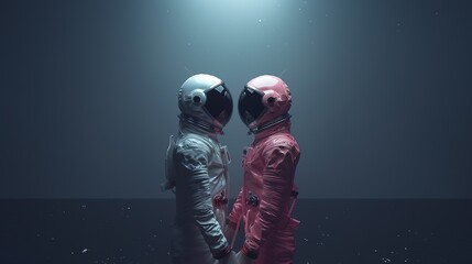 White and Pink Astronauts Holding Hands, Symbolizing Love, Minimal Concept