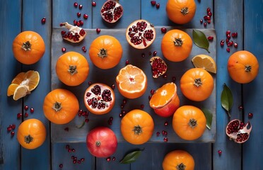 Whole and cut tangerines, pomegranate, lemon and persimmon on rustic blue wooden background. Top view point.