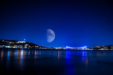 Night view of the bridge over the Bosphorus. Istanbul Türkiye.
