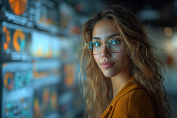 An entrepreneurial businesswoman launching a startup, surrounded by charts and plans, symbolizing the journey of building a new venture. Concept of entrepreneurship. Generative Ai.