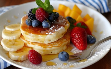 Cottage Cheese Pancakes with fresh berries and honey on plate, closeup