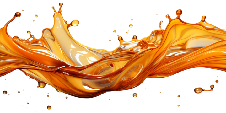 Horizontal pouring oil with splashes and drops. Isolated on a transparent background 