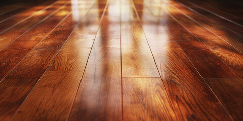 Varnished wooden board, shiny polished wood parquet floor taken with low angle. Wooden laminate floor boards background image. Home decor concept