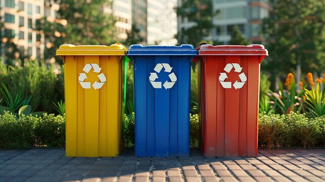 a group of colorful trash cans