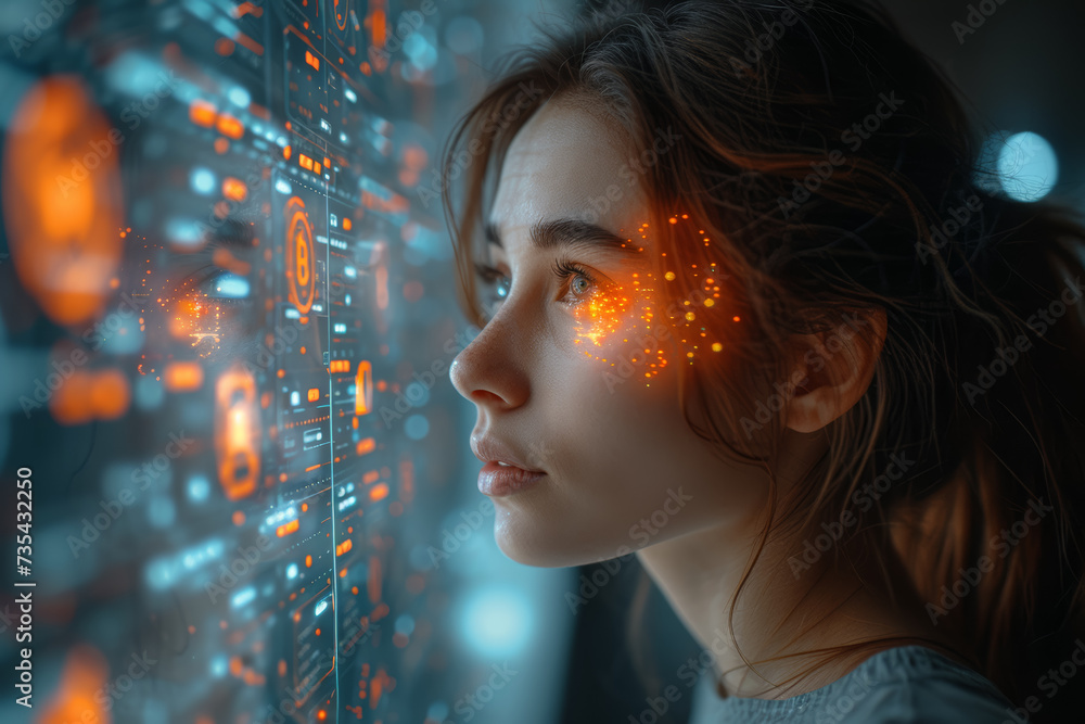 Poster a businesswoman utilizing artificial intelligence tools for business optimization, illustrating the 