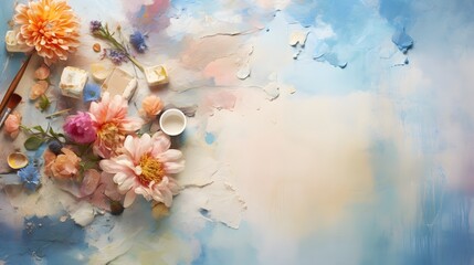 An artistically curated scene capturing the essence of oil painting, with brushes meticulously arranged amidst vibrant splashes of paint and carefully placed flower blossoms, set against a soft
