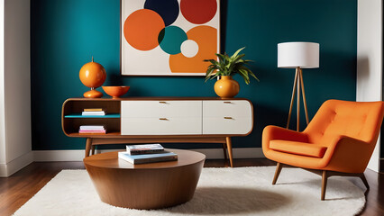 interior design,Mid-Century Modern: Retro-inspired furniture, organic shapes, and vibrant colors for a timeless yet trendy look.