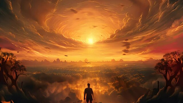 Solitary man standing in awe before a breathtaking sunset.