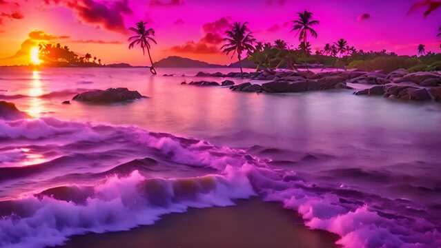 Radiant sunset painting vibrant hues across a tropical beach adorned with stunning palm trees.