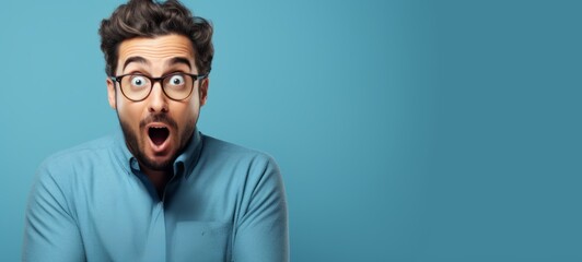 Excited man with a shocked expression, wide eyes, open mouth. Blue background. Concept of surprise announcement, unexpected news, joyful reaction, promotional content. Wide banner with copy space