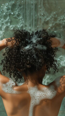 Close up portrait of American woman with curly hair, while taking shower with soap foam and bubbles
