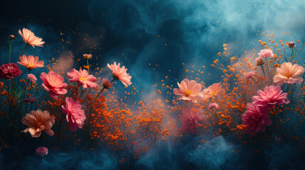 abstract composition made with flowers and colourfull dust and elements