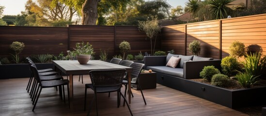 Fototapeta premium Contemporary wooden fencing contrasts with a traditional