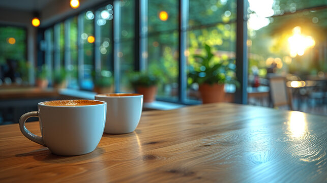 Background from cups of coffee or tea on the table in the office in the background with office workers