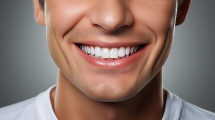 Photorealistic close-up of a young happy man smiling at the camera, macro photo of mouth with lips and white teeth, dental services commercial banner