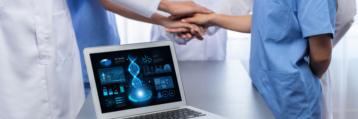Biotechnology in medical concept shown DNA data analyzer software on laptop with collaboration of...