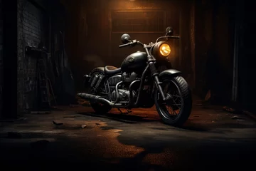 Foto op Canvas a motorcycle parked in a dark room © Ana