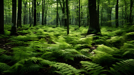Ferns in a forest with a light shining through the leaves,,
A forest with green ferns on it