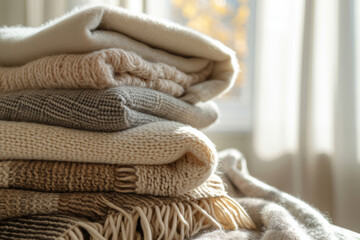 Stack of wool or cashmere blankets. Autumn and winter concept. Generative AI
