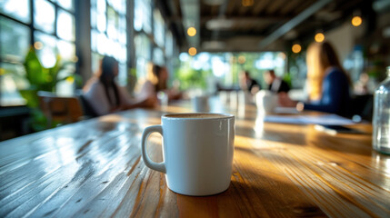 Background from cups of coffee or tea on the table in the office in the background with office workers