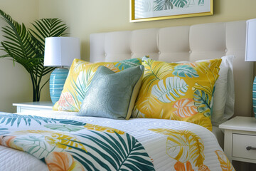 Bedroom accessories with tropical print. Tropical patterned bedding. Generative AI