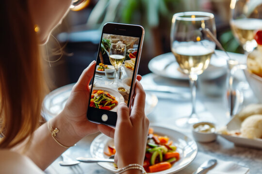 Woman's hands holding smartphone and taking photo of the food in a restaurant. Generative AI